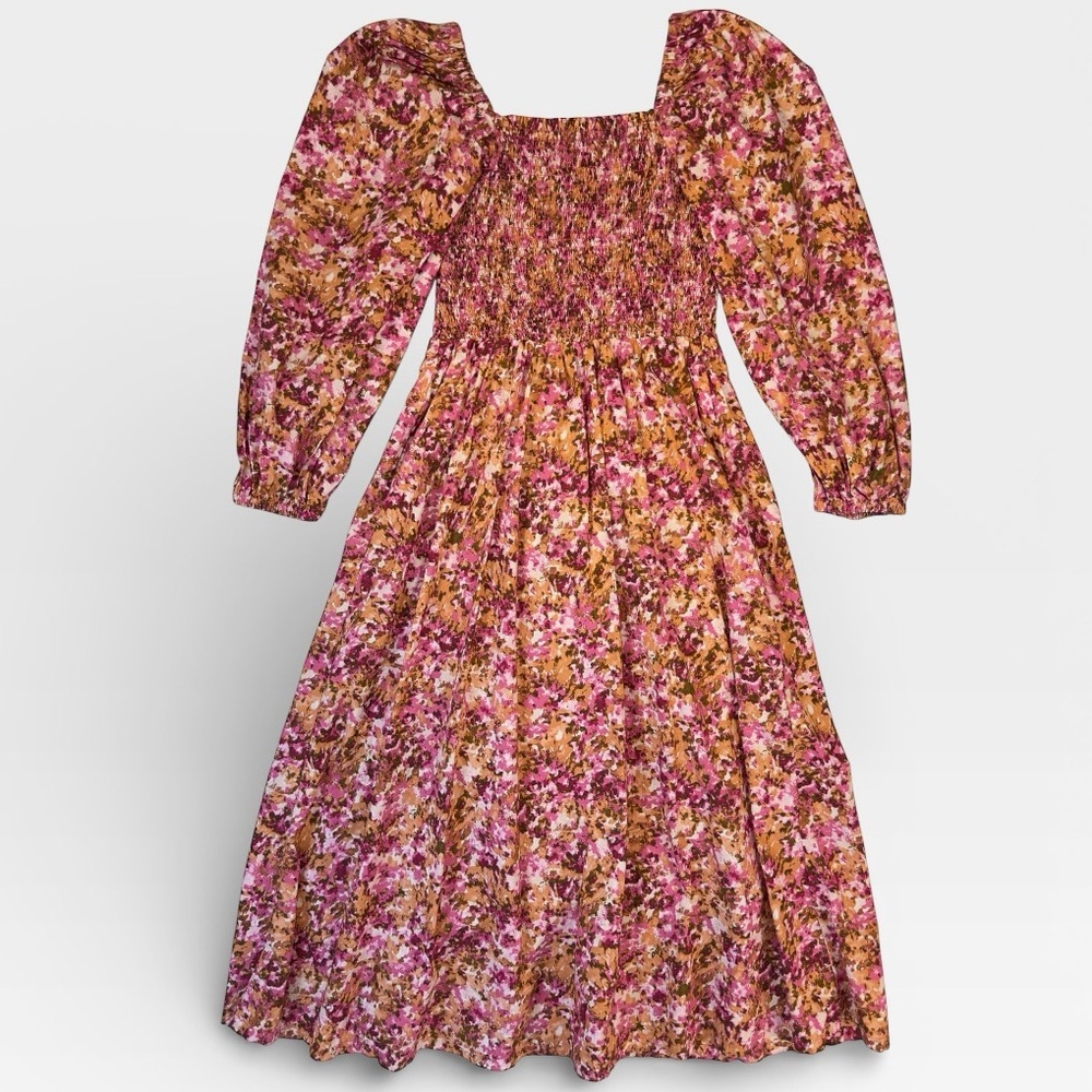 J. Crew Pink Floral Fit & Flare Long Sleeve Midi Dress 100% Cotton XSMALL